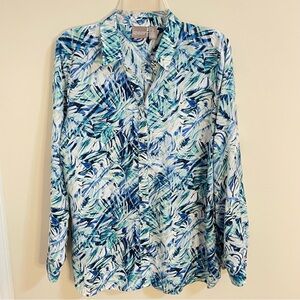 Chico's Blue and Green Tropical Palm Print Long Sleeve Blouse Women’s Size 12